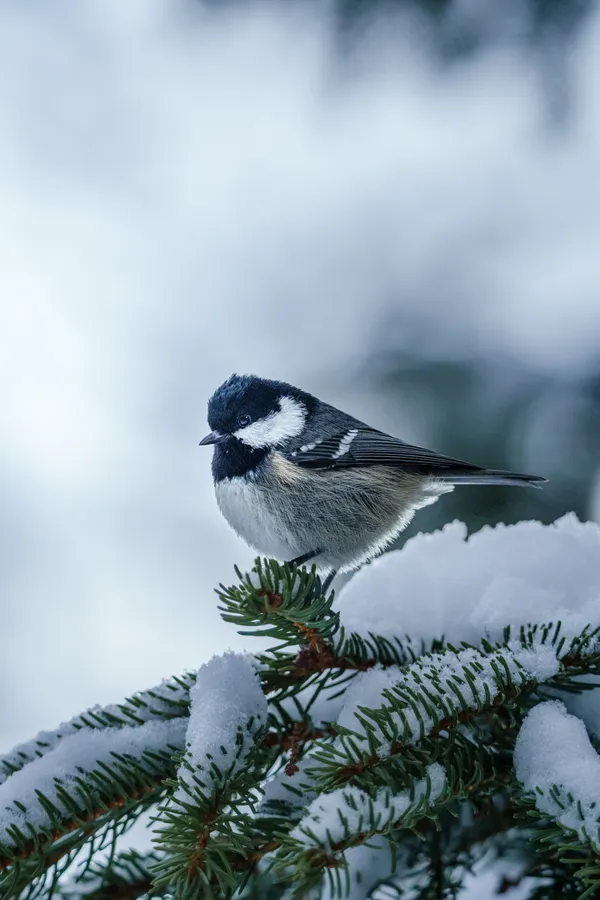 A coal tit rests on a snow-dusted evergreen branch, its black cap and white cheek patches standing out against the soft winter backdrop.