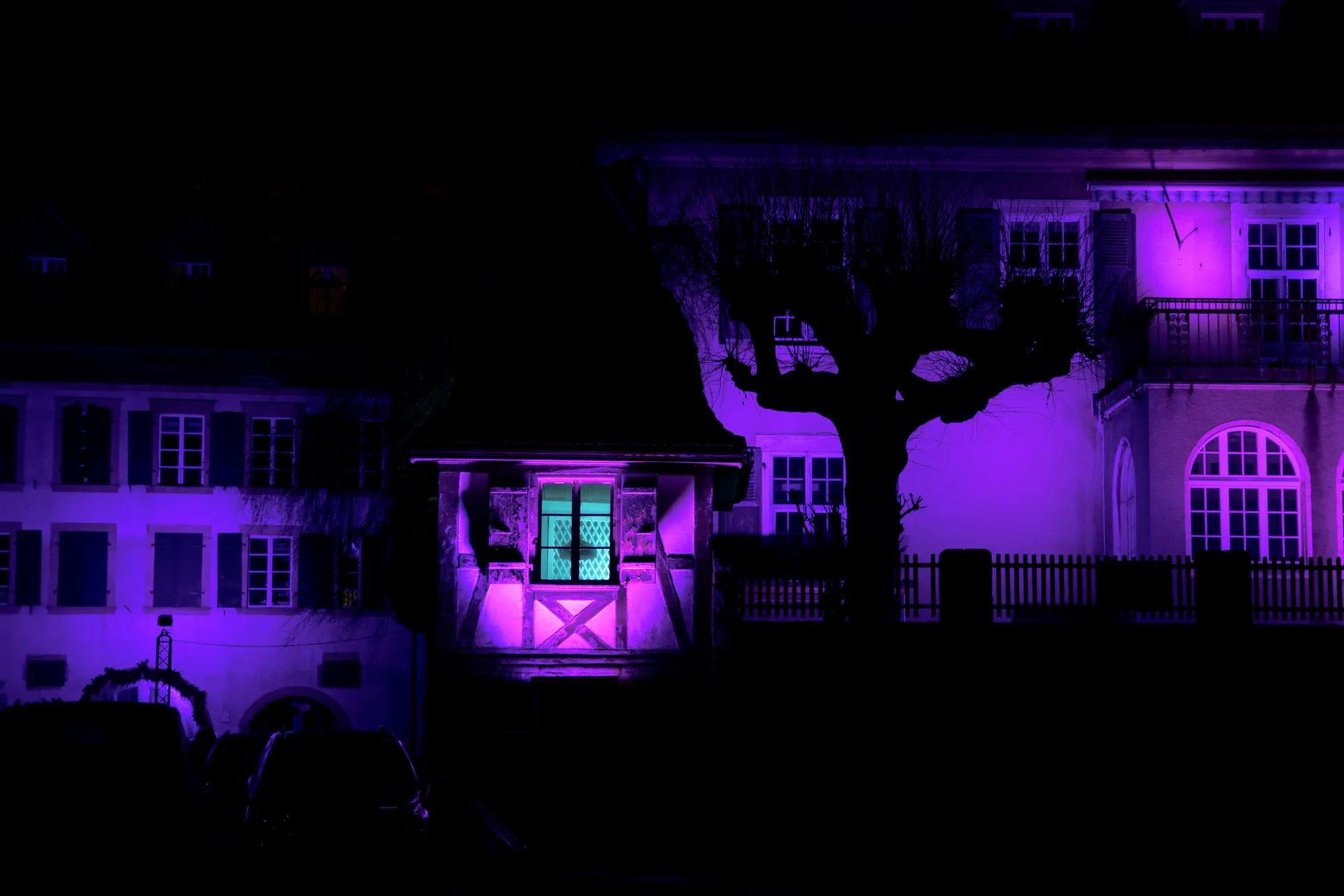 Traditional buildings bathed in violet light create a surreal nighttime scene, tree silhouettes adding depth.
