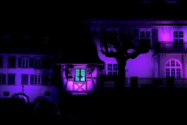 Traditional buildings bathed in violet light create a surreal nighttime scene, tree silhouettes adding depth.