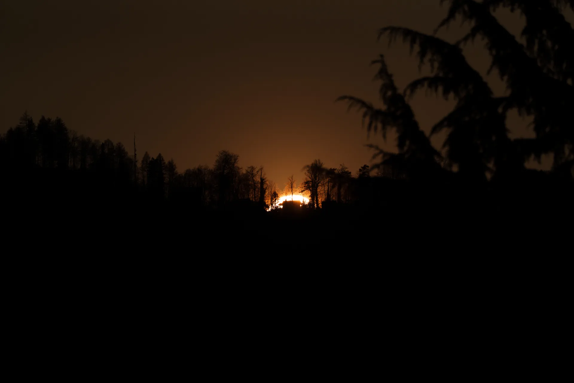 The last light of the sun glows intensely through a dark treeline silhouette at dusk.