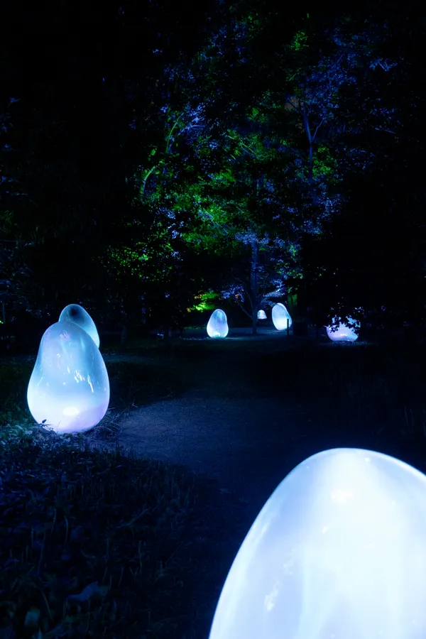Luminous egg-shaped sculptures glow in blue and white against the darkness, scattered through a garden with trees illuminated in ethereal blue and green light.