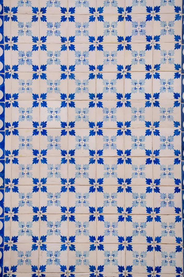 A wall of blue-and-white Portuguese azulejo tiles forms a repeating geometric floral pattern.