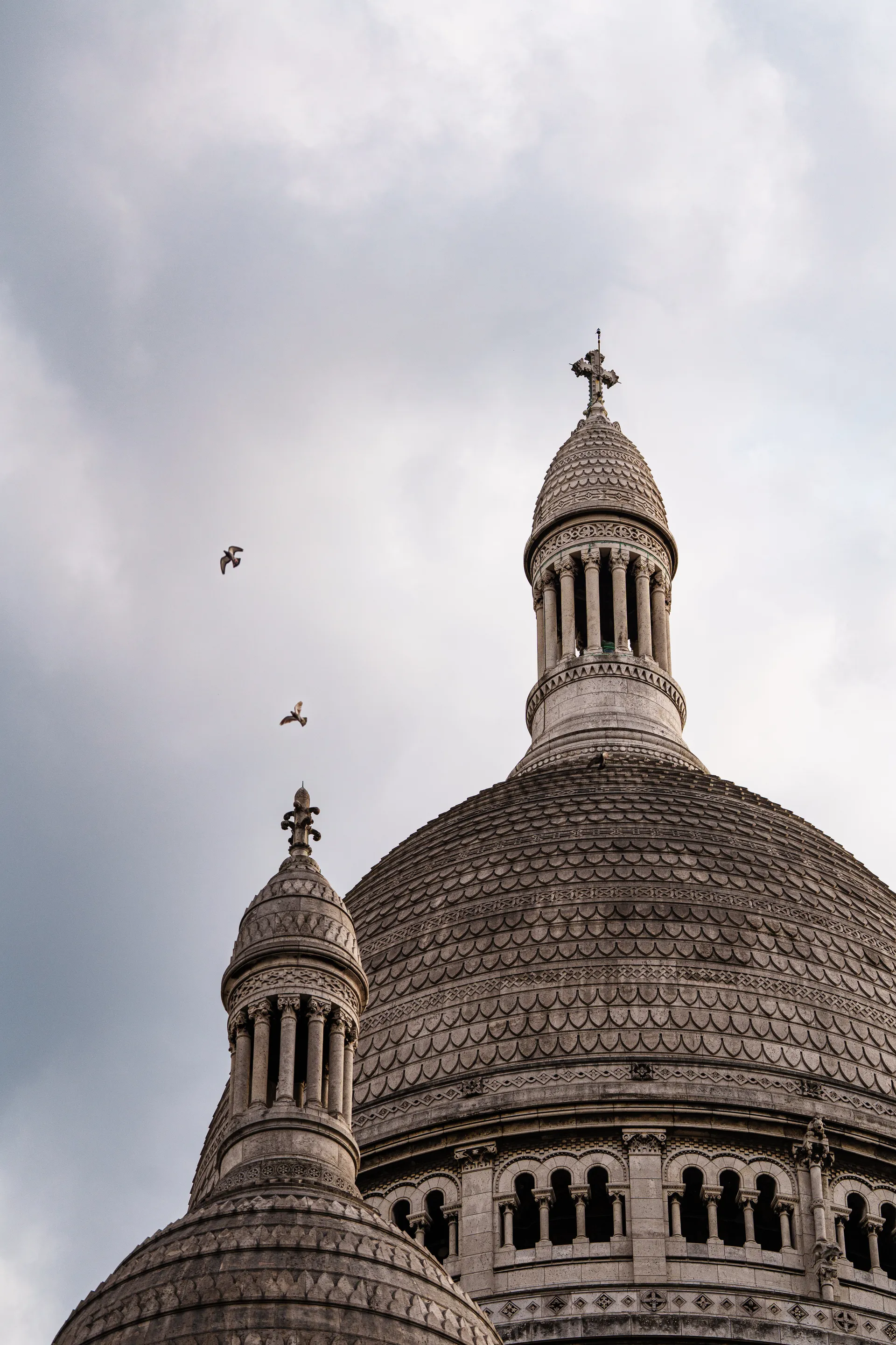 The stone domes of Sacré-Cœur rise against a clouded sky as two birds circle above.