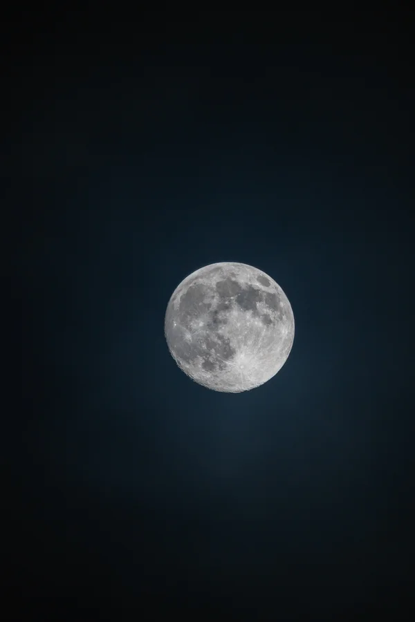 The moon hangs suspended in the deep blue twilight, its craters and maria clearly visible.