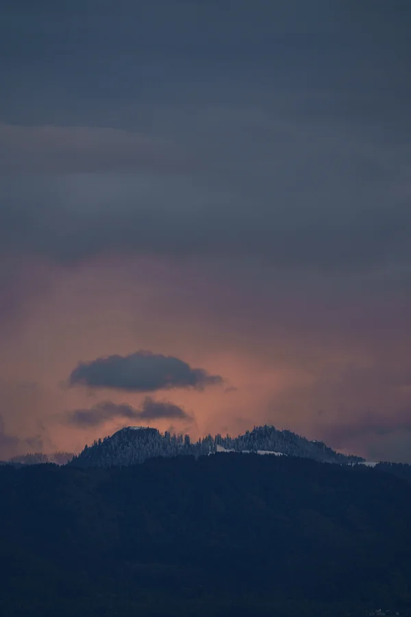 A snow-capped alpine ridge with conifer-lined peaks sits beneath a hazy pink and slate sunset sky.