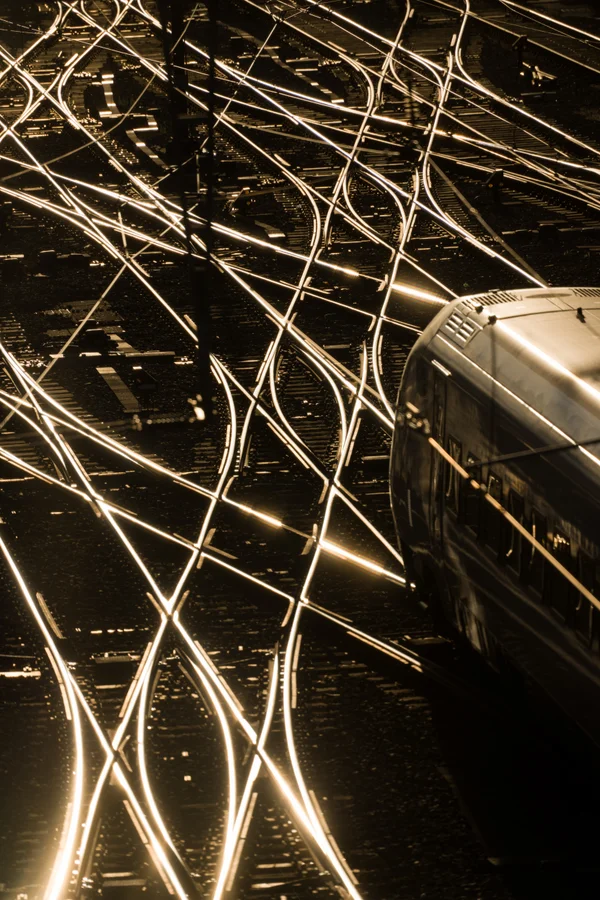 An overhead view of a train slipping beneath the bright tangle of catenary wires arching above a Zurich rail yard, the contact lines forming an abstract web against the shaded tracks below.